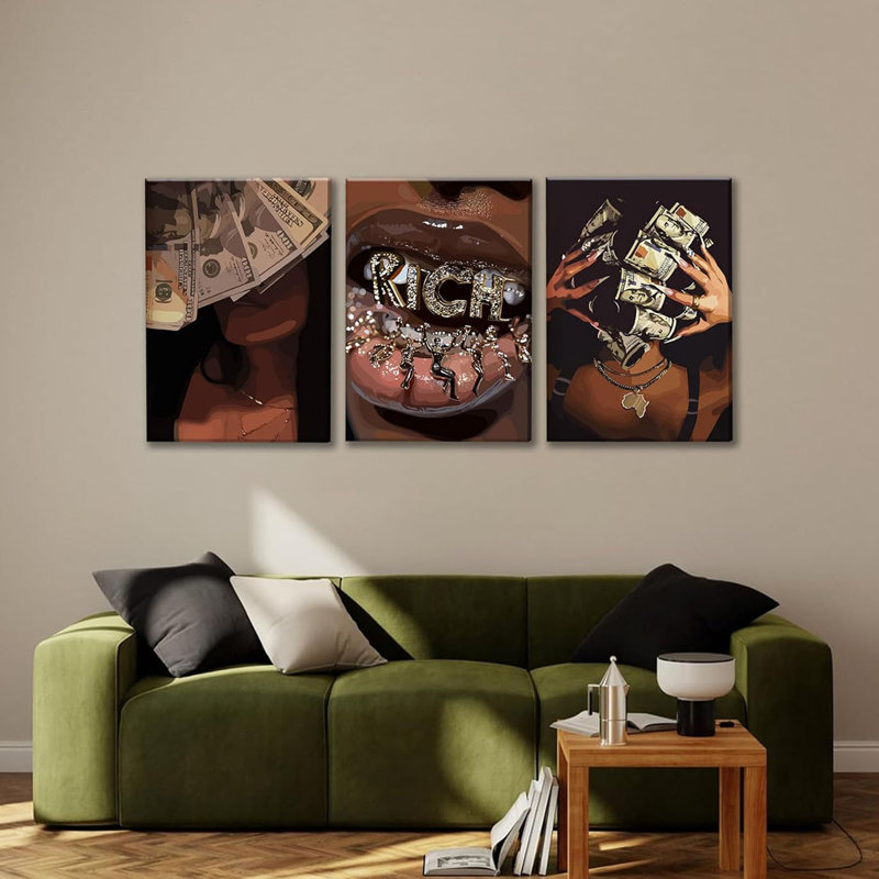 3 Pcs African American Canvas Wall Art, Framed Black Girl Pictures, Urban Hip Hop Baddie Room Decor with Money Theme, Fashion Female Painting Prints for Bedroom (16x24Inch)