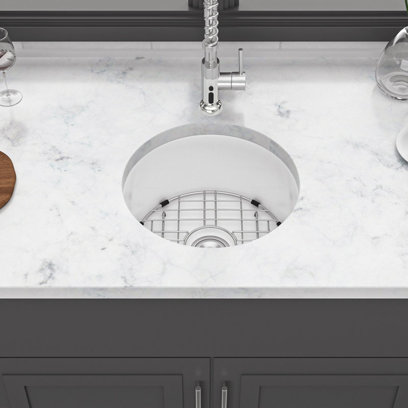 18 Inch Dual Mounted Single Bowl Ceramic Circular Kitchen Sink With Drain Assembly And Bottom Grid