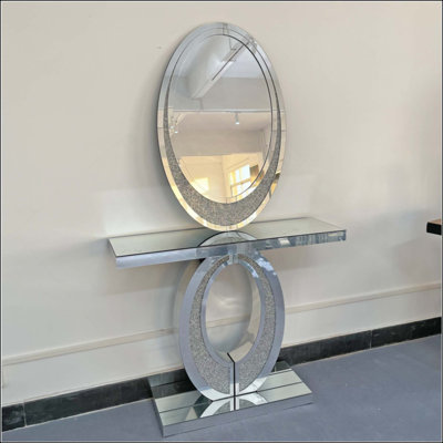 Oval Wall Mirror Crushed Diamond Inlay Sparkly  Mirror Framelesscrystal Accent Mirror With Crushed Diamondborder,  Glass Decorative Mirror For Bathroom Bedroom Entryway Fireplace Mantel