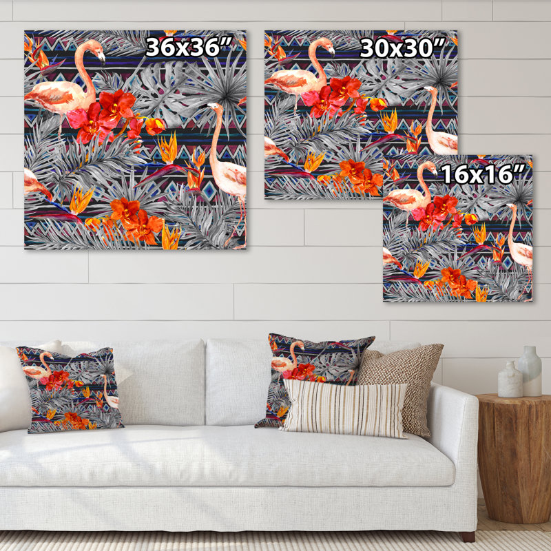 Flamant rose et fleurs exotiques oranges - peinture sur toile, H 30 po x l 30 po, Toile tendue