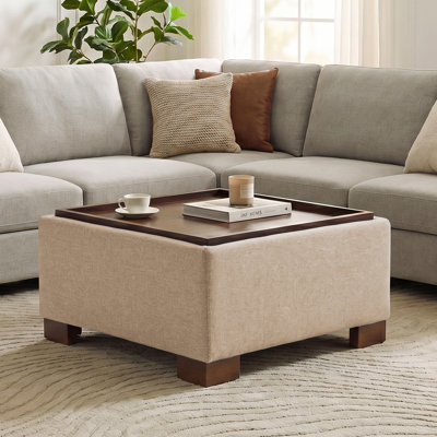 29.1" W Upholstered Square Storage Ottoman with Wooden Tray