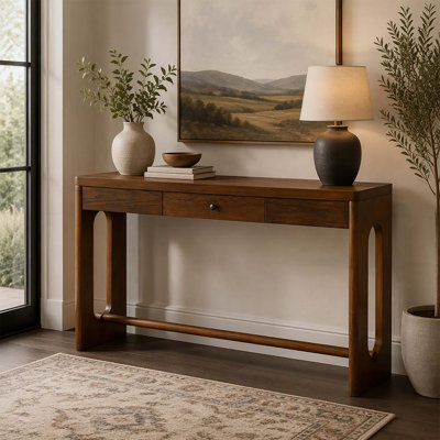 59.8'' Wooden Entryway Table with Oak Veneer, Retro Console Table with Drawer and Round Handle for Multi-Function Use