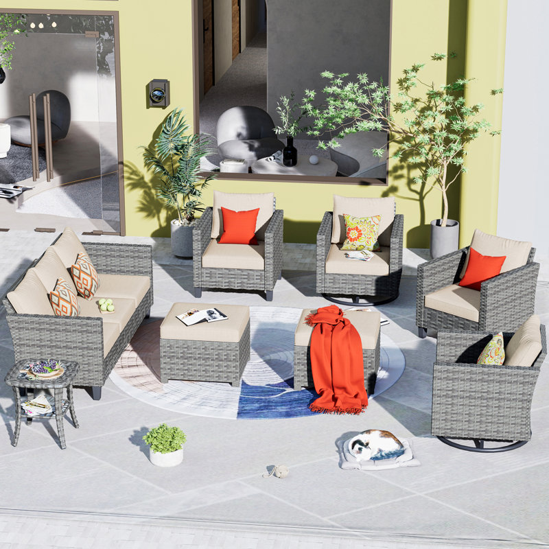 GRST Wicker/Rattan 7-Person Seating Group with Cushions, Beige