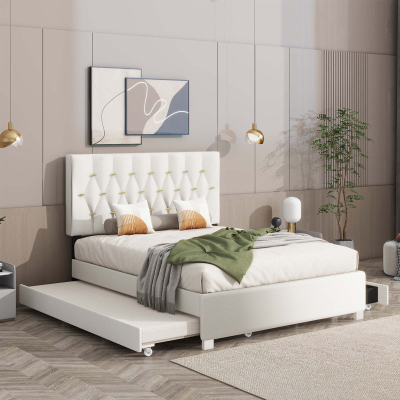 Upholstered Platform Storage Bed, Beige