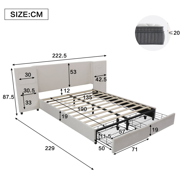 Upholstered Bed With Two Drawers Velvet Beige