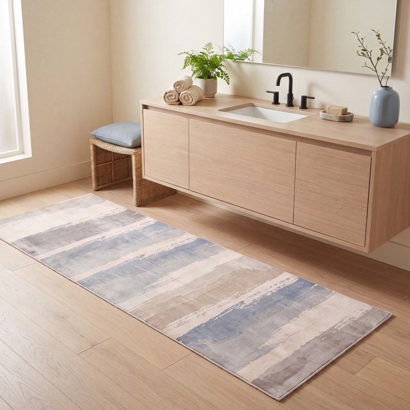 Tapis Jasmine moderne à rayures effet pinceau, bleu, gris et beige, lavable à la machine, antidérapant, à poils courts, pour l'intérieur et l'extérieur, adapté aux animaux domestiques, idéal pour le salon, la chambre, la salle à manger, l'entrée, le couloir ou le bureau.