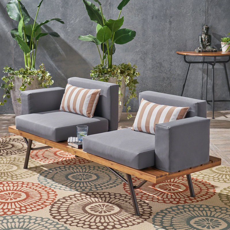  Chaise longue d'extérieur à double siège avec coussins, base à lattes et pieds en fer, gris