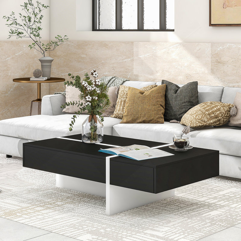 Mobilier de salon rectangulaire, table basse brillante, Noir, noir, noir, noir, Blanc