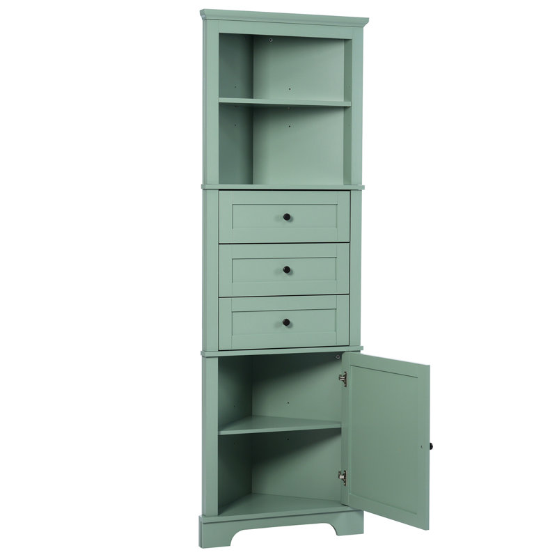 Green Triangle Tall Cabinet With 3 Drawers And Adjustable Shelves For Bathroom, Kitchen Or Living Room, MDF Board With Painted Finish