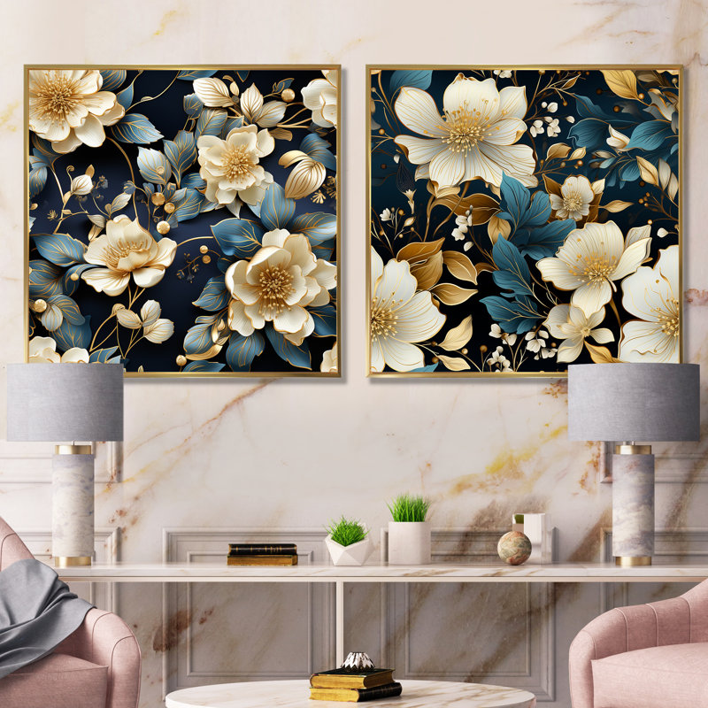 Jans - ensemble de 2 décorations murales florales, H 36 po x l 73 po x P 1,5 po, Encadrement doré