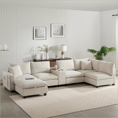Sectional Sofas, 140'' 6-Seat U-Shaped Corduroy Sofa with Storage Ottoman, USB, Cup Holder for Living Room | Beige | Corduroy