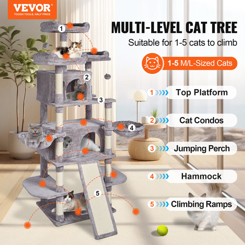 68.5" Light Gray Sisal Cat Tree with Condos and Hammocks