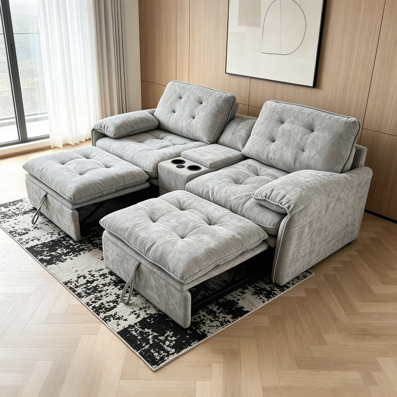 Canapé-lit convertible 3-en-1 en chenille, fauteuil inclinable réglable à 5 niveaux avec porte-gobelet et port USB, gris clair