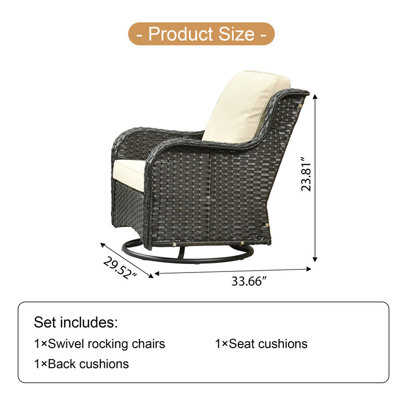 Rocking Swivel Patio Wicker Lounge Chairs With Cushions, Beige, Brown