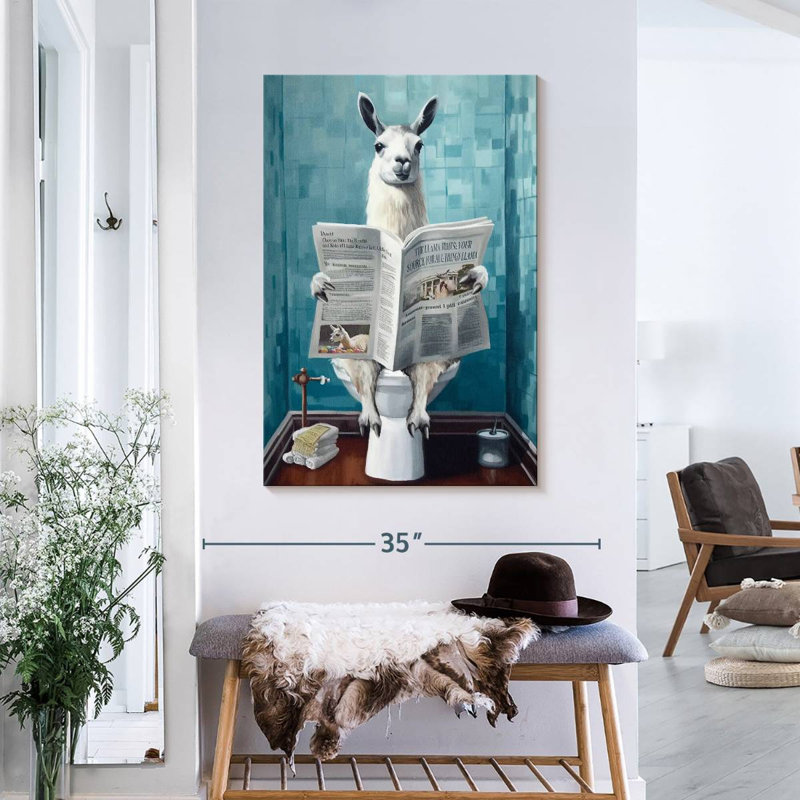 Lama sur une toilette sur toile, H 36 po x l 24 po x P 1,25 po