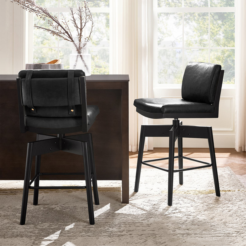 Lafrance Modern Faux Leather Swivel Barstool with Removable Back Cushion and Solid Wood Legs(Set of 2), Black
