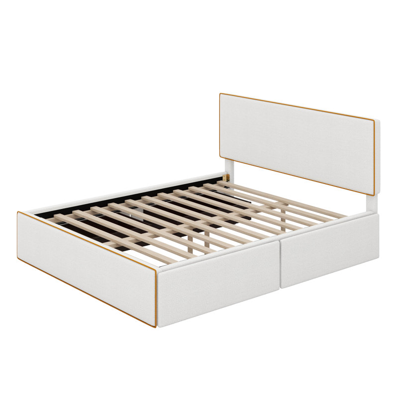 Lit plateforme tapissier avec 4 tiroirs et bordure dorée sur la tête et le pied de lit, Grand lit