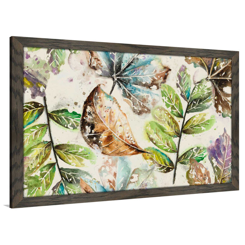 «Global Leaves Rectangle», reproduction de peinture à l'aquarelle, H 33,5 po x l 49,5 po x P 1 po, Cadre chocolat patiné