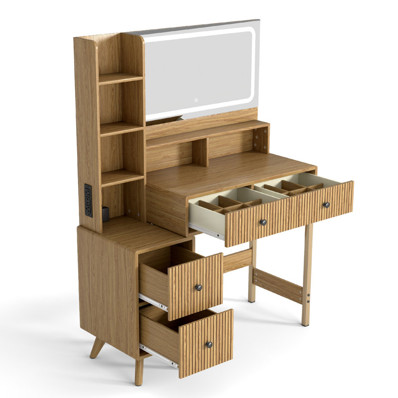 Makeup Vanity with LED Mirror & Built-In Outlets, Vanity With 4 Drawers and Display Shelf