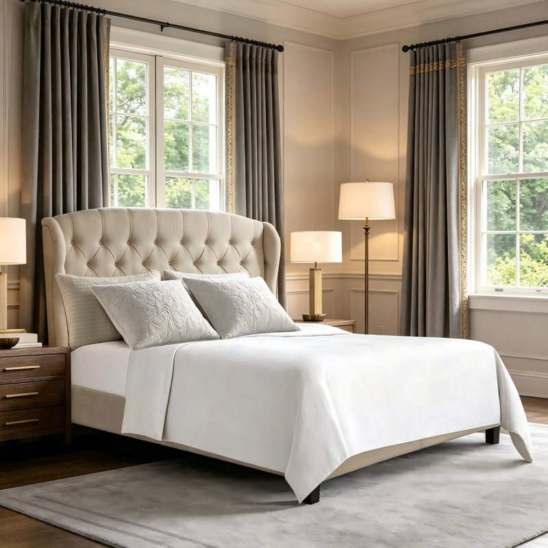 Lit rembourré en tissu de luxe, tête de lit capitonnée avec cadre à hauteur réglable - Lit plateforme robuste pour chambre d'amis