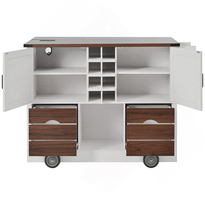 54" Farmhouse Kitchen Island With Drop Leaf, Power Outlet, Kitchen Storage Cart With 2 Doors, 2 Drawers, Rolling Kitchen Island On 4 Large Wheels With Spice Rack For Kitchen, Dining Room, White
