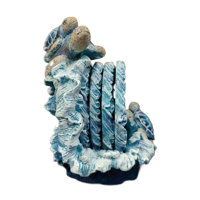 Ocean Blue and White Polyresin Sea Turtle Round Coaster Set with Holder