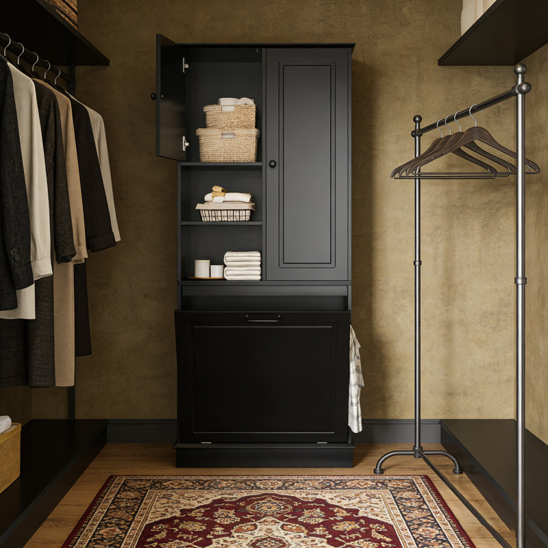 Armoire de salle de bain en panneau de fibres à densité moyenne de 30 po avec tablettes réglables, grand panier rabattable et armoires fermées, pour le rangement dans la salle de bain, le salon, le bureau