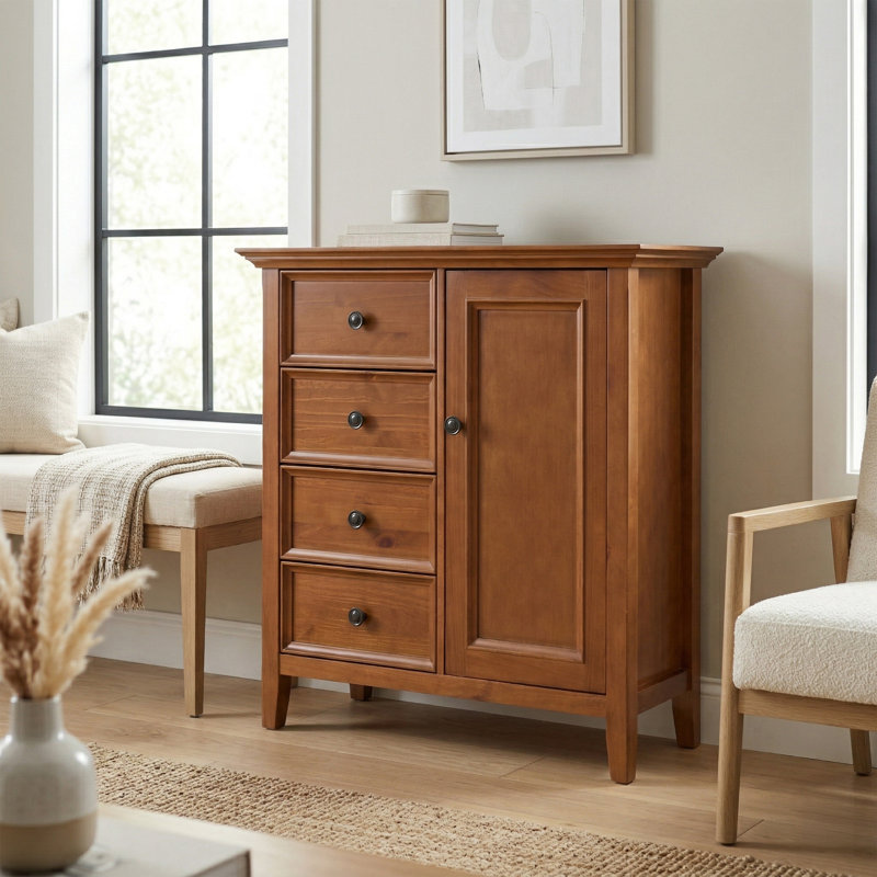 Amherst 32"W Solid Wood 2-Shelf Low Storage Cabinet with Adjustable Shelves and Tapered Legs, Dark Brown