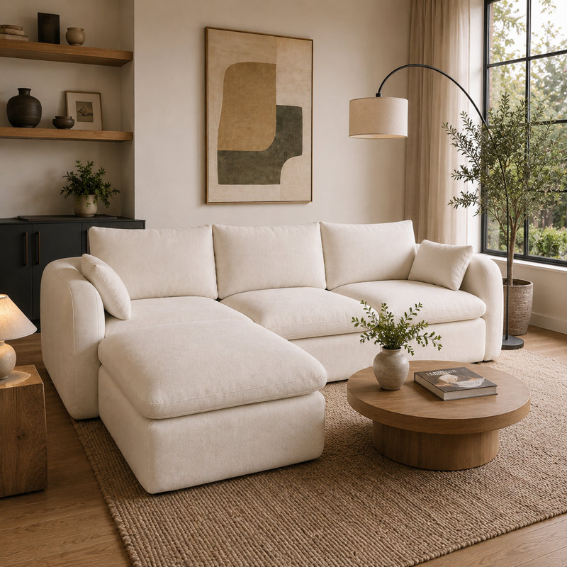 Canapé d'angle en chenille en forme de L avec méridienne, canapé modulaire entièrement rembourré de mousse comprimée