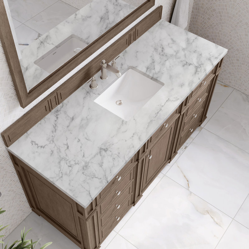 Bristol 60 in. Single Vanity, Whitewashed Walnut, Carrara White, 8" Widespread