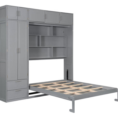 Gray Queen Bed With A Side Wardrobe, Top Shelf, And Flexible Mattress Support For Comfort In Compact Spaces Slats
