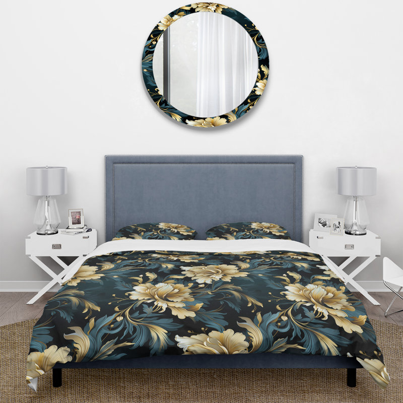 Luxueuses fleurs noires et beiges damassées - ensemble de housse de couette damassé - microfibre de polyester