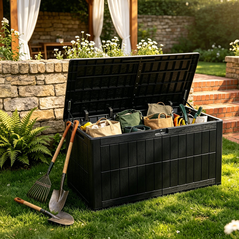 Quartey 120 Gallons Resin Deck Box with Soft Close Mechanism and Lock, Black