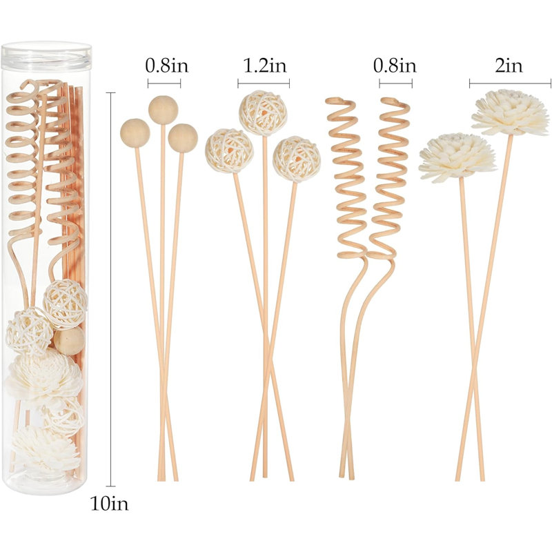 10 pièces de diffuseur de roseaux, rotin naturel avec des fleurs et des boules en bois pour le parfum de la maison