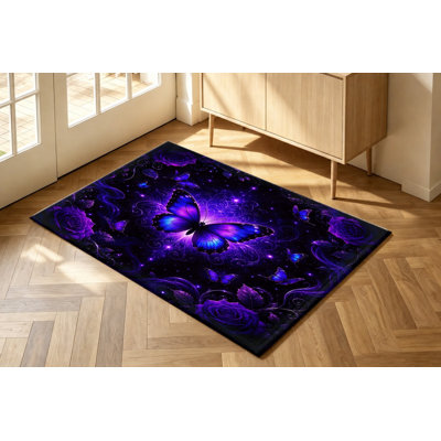 Tapis lavable en machine à motif papillon et rose fantaisie avec envers antidérapant, tapis de sol artistique au design galaxie vibrant, décoration intérieure confortable pour salon, chambre, dortoir, appartement, entrée, cuisine, balcon, terrasse