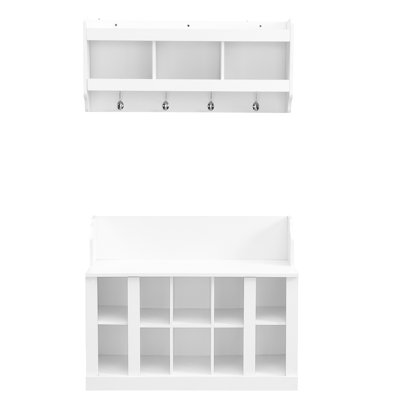 Modern Shoe Storage Bench With Wall Mounted Hooks And Adjustable Compartments, Hall Tree For Foyer, White Coat Rack 4 Hooks, Entryway Organizer Hallway, Foyer