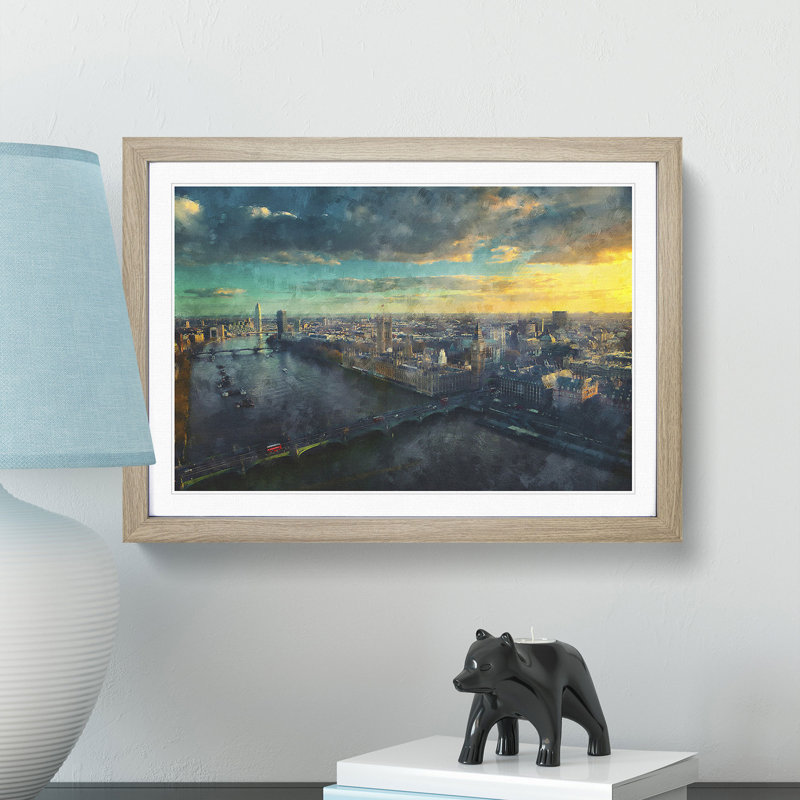 Big Ben & The London Skyline - Single Picture Frame Painting on MDF, Oak Framed, 36cm H x 48cm W x 2cm D