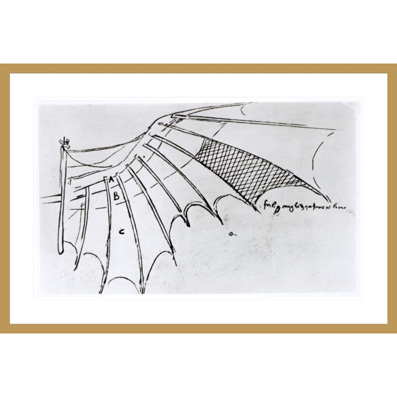 Détail d'une aile mécanique de fol. «74r Manuscrit B 2173» par Leonardo Da Vinci, impression giclée encadrée