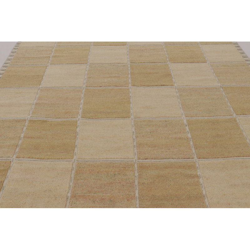 Rug & Kilim’S Scandinavian Rug, Geometric Pattern In Gold And Beige, Rectangle 12' x 18'