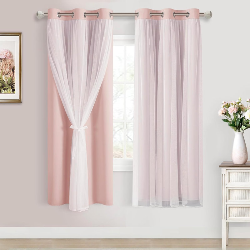 2 Panels Blackout Curtains with Sheer Overlay Thermal Insulated Mix & Match Double Layer Window Panels Drape Sewn with Tiebacks Grommet Top for Bedroom Living Room