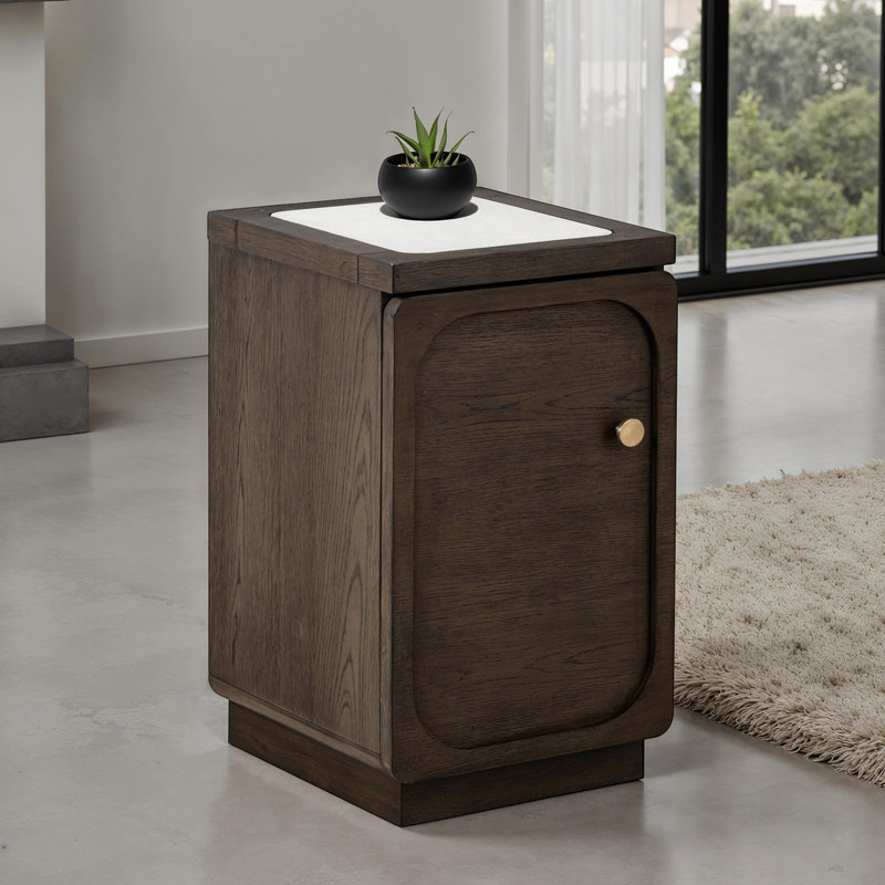 Table d'appoint en noyer foncé avec placage de chêne et prise de courant en pierre de quartz 1pc pour le salon