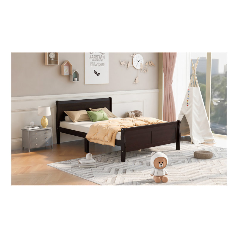 Queen Size Wood Platform Bed With Headboard And Wooden Slat Support (Espresso)