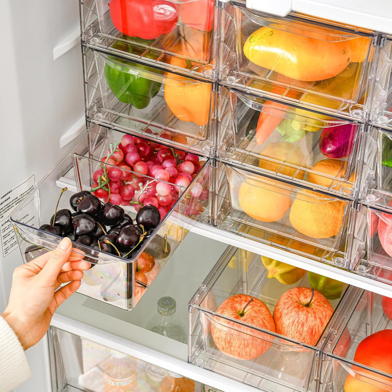 Ensemble de 6 bacs de rangement transparents empilables avec poignées - Facile à assembler pour la cuisine, le réfrigérateur, le garde-manger et la salle de bain