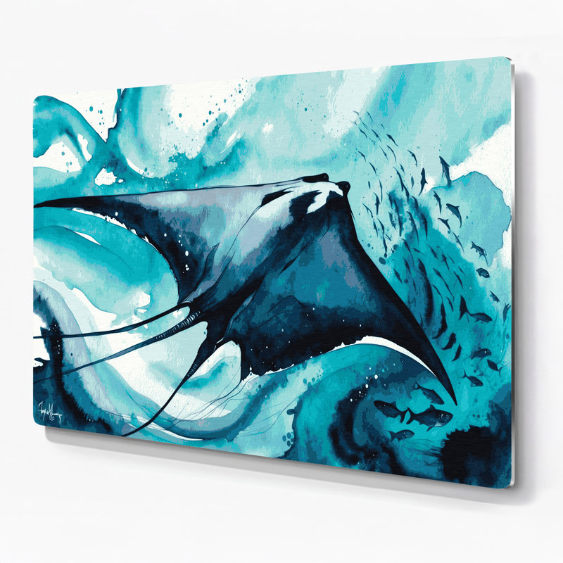 Art mural bleu en métal Coastal Manta Ray Glide, H 11 po x l 14 po