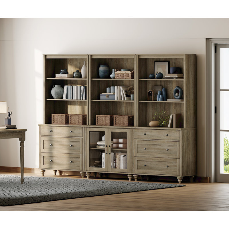 72.1"H X 101.6"W Bookcase With Drawers And Glass Doors, Tall Book Case With Open Book Shelfs, Large Wood Bookcases Farmhouse Bookshelves For Living Room Bedroom Home Office Kitchen, 72''