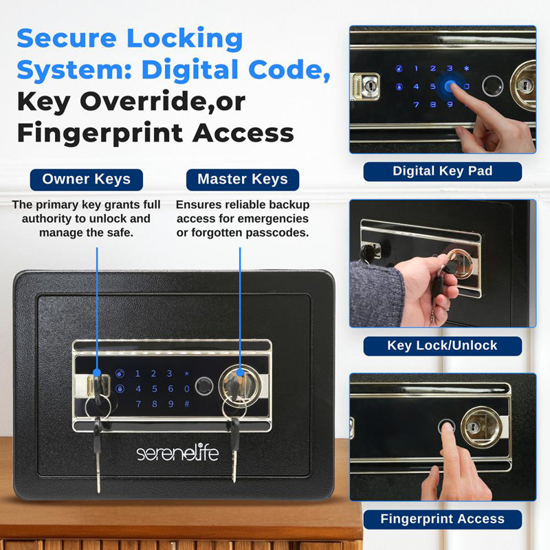 Electronic Fingerprint Safe Box with Touchscreen Keypad and Combination Lock, Includes 2 Owner Keys and 2 Master Keys (Black)