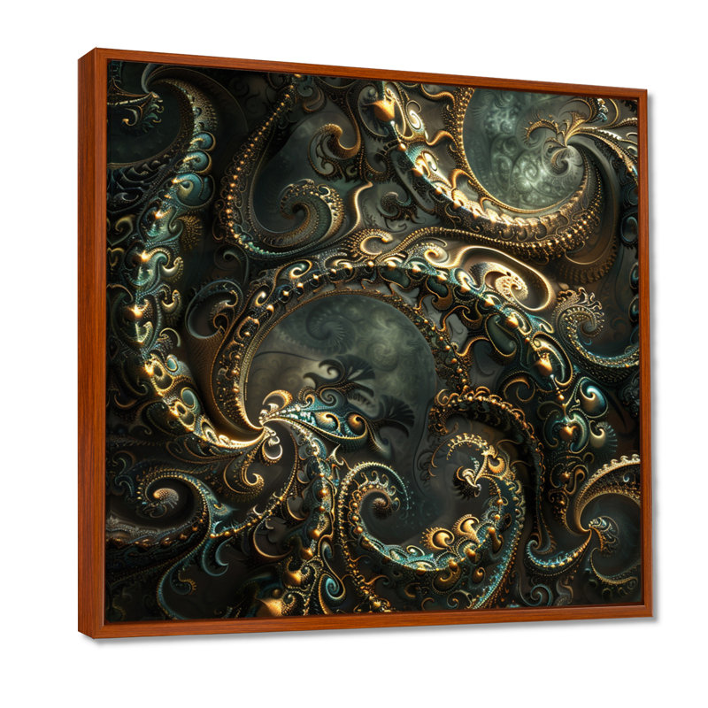 Rétro fractale tourbillonnante dorée - art mural fractales, Toile avec cadre flottant brun, H 36 po x l 36 po x P 1,5 po