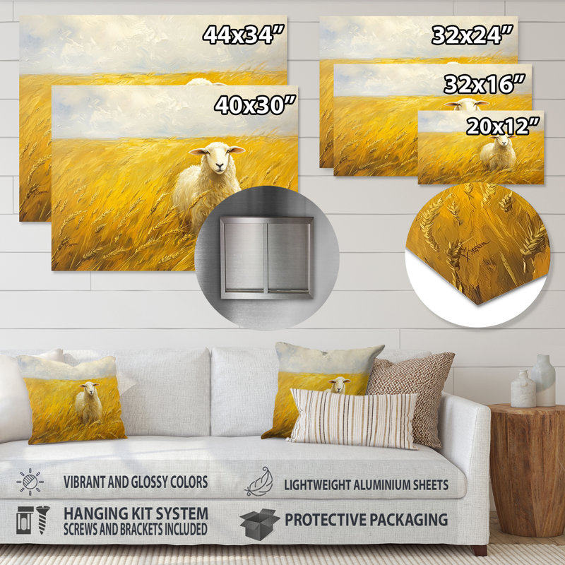 Golden Fields of Sheep II - reproduction d'art moderne en métal, art mural en métal mouton, H 34 po x l 44 po
