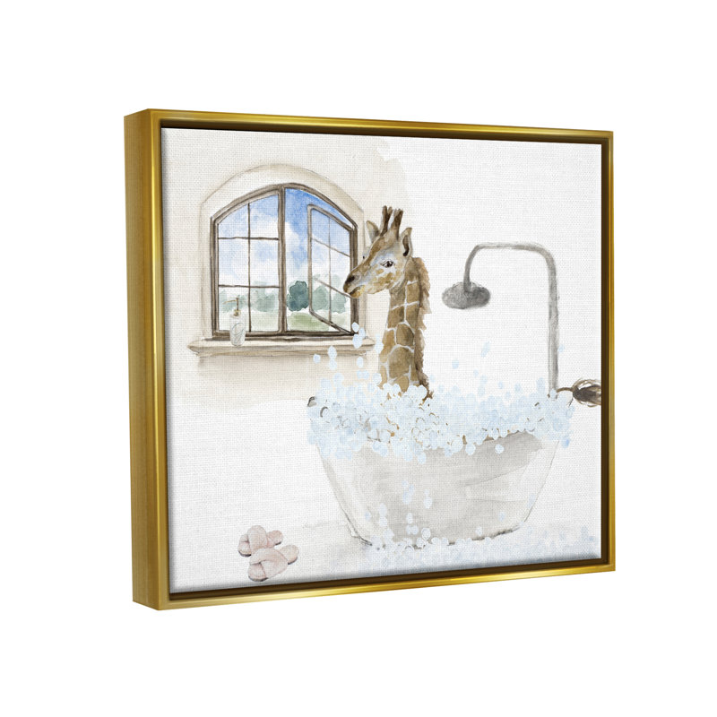 Girafe, bain moussant, scène - impression, H 17 po x l 21 po x P 1,7 po, Cadre flottant métallique doré
