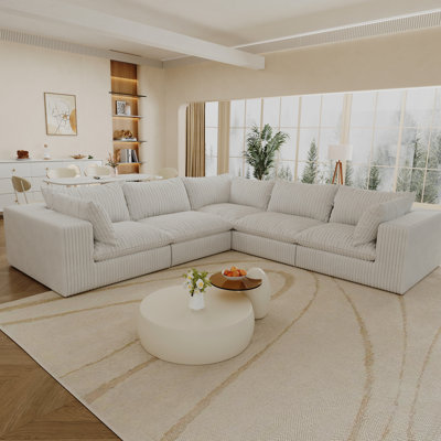Tissu en velours côtelé 5 places nuage blanc, taille de produit 118,2 po, conception à double couche, coussin amovible, sans assemblage, idéal pour un appartement et une chambre à coucher, luxe rembourré de plumes, compression haute densité